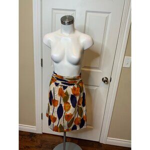 Tory Burch Orange, Blue & Cream Floral A-Line Skirt, Size 4